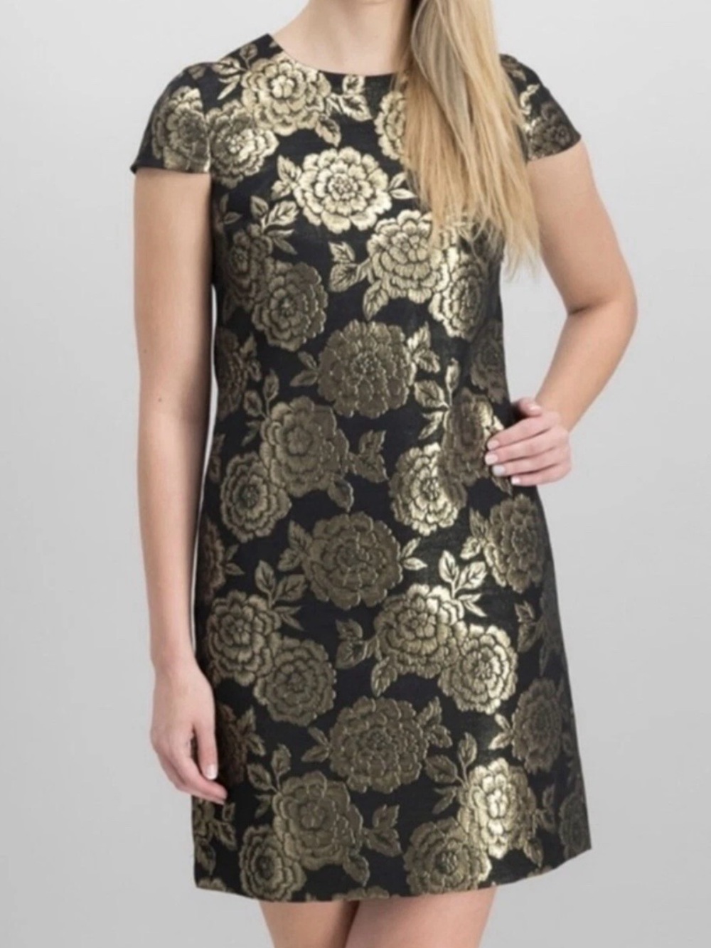 Sam Edelman Black Shift Dress with Gold Floral Jacquard Cap Sleeves Sz4